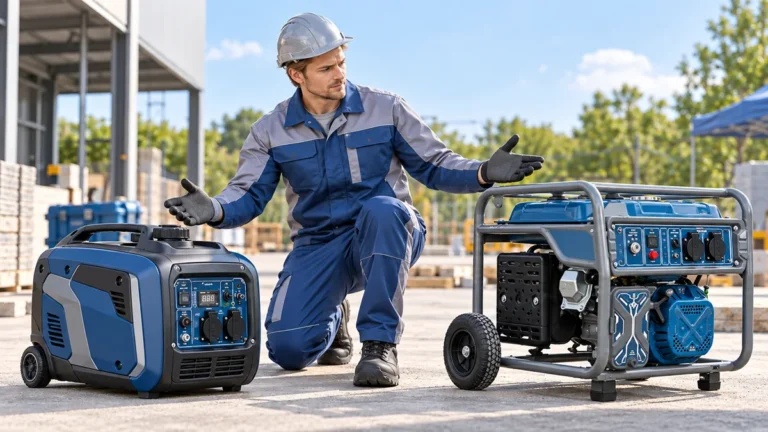 Engineer comparing an inverter generator and a conventional petrol generator in an MLBE dealer demo setting