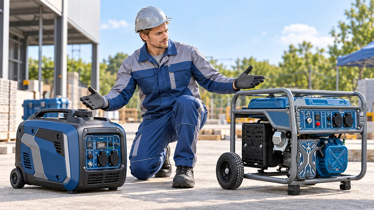 Engineer comparing an inverter generator and a conventional petrol generator in an MLBE dealer demo setting