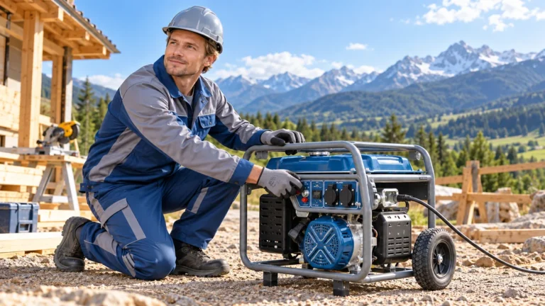 Engineer operating an MLBE petrol generator at an outdoor worksite for a petrol generator buying guide