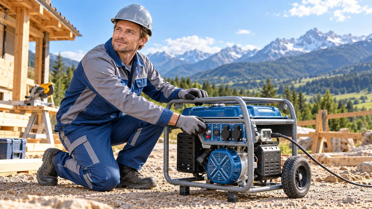 Engineer operating an MLBE petrol generator at an outdoor worksite for a petrol generator buying guide