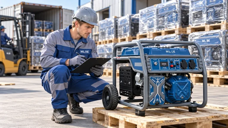 Engineer performing quality inspection on an MLBE petrol generator before a bulk order