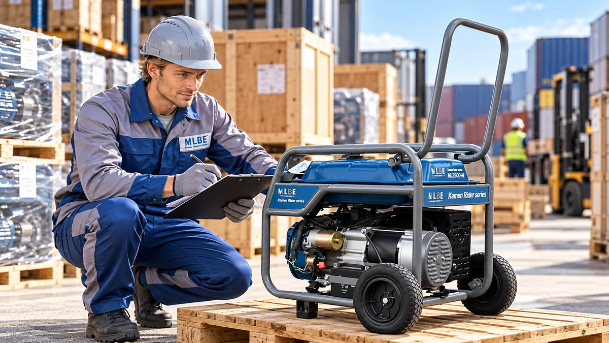 Engineer checking an MLBE petrol generator in a shipping yard with crates and pallets
