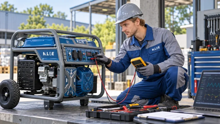Engineer testing an MLBE petrol generator with electrical measuring equipment to compare kW and kVA
