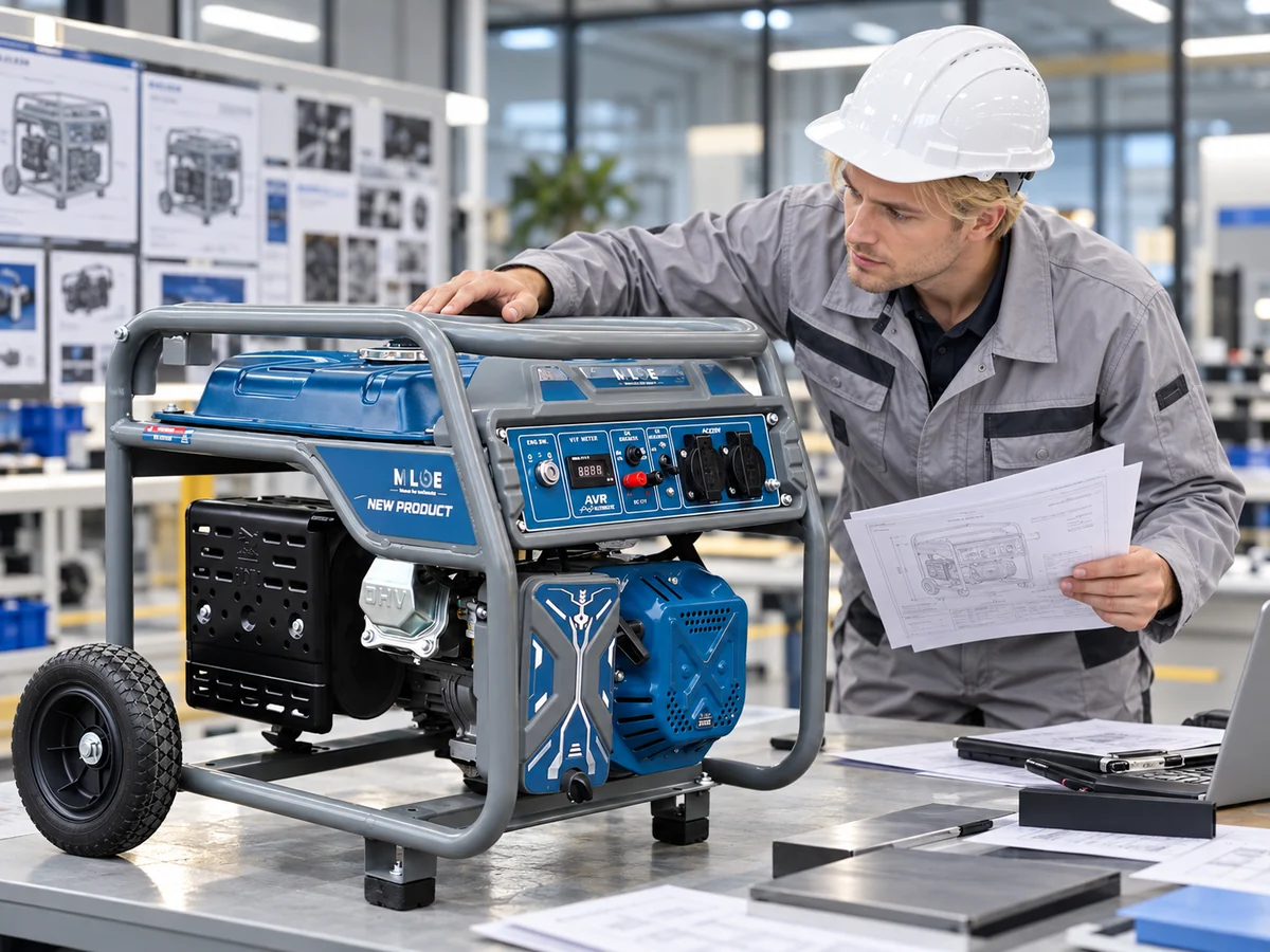 MLBE engineer reviewing portable petrol generator manufacturing specifications in China