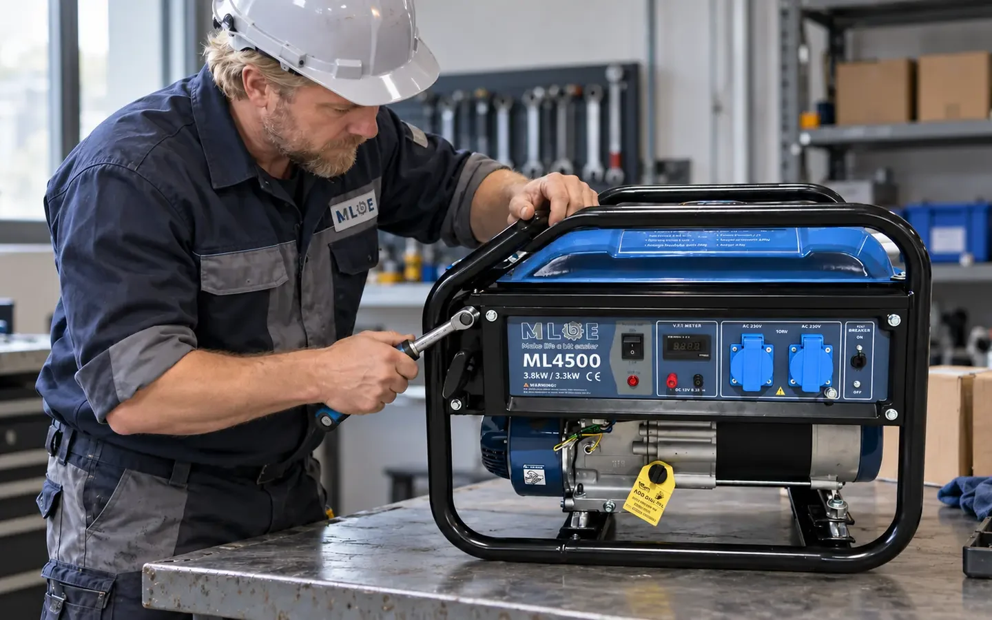 Engineer checking the frame of an MLBE ML4500 petrol generator sample with a torque wrench.