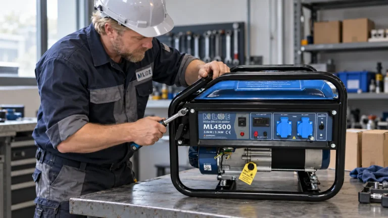 Engineer checking the frame of an MLBE ML4500 petrol generator sample with a torque wrench.