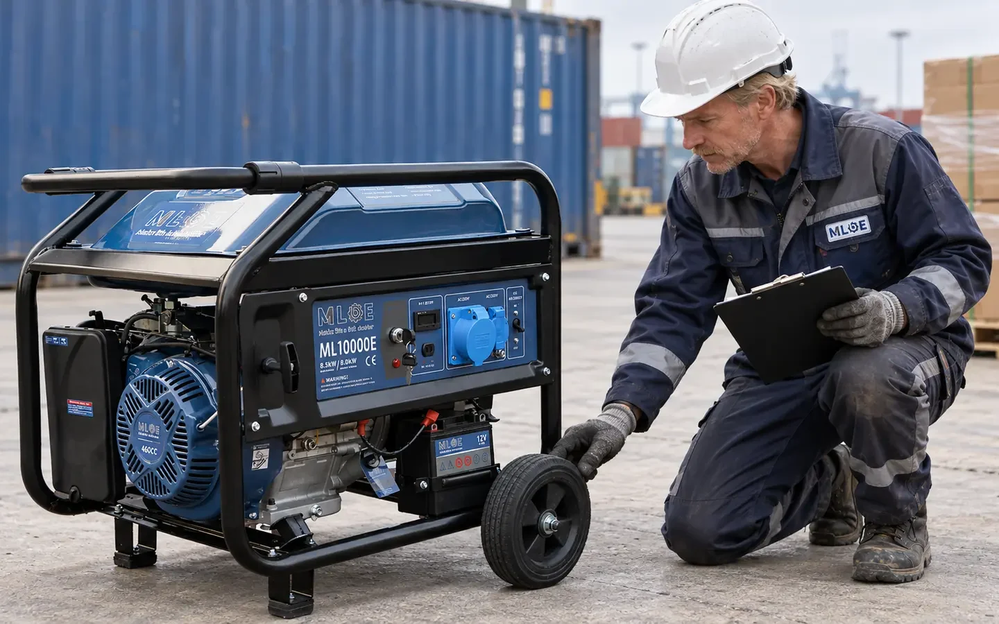 Engineer inspecting the wheel of an MLBE ML10000E petrol generator beside export cartons and a container.