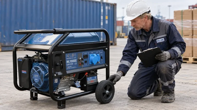 Engineer inspecting the wheel of an MLBE ML10000E petrol generator beside export cartons and a container.