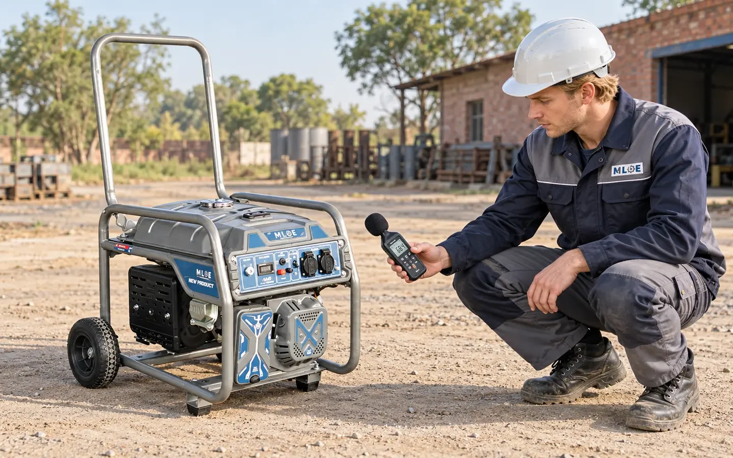 Engineer measuring noise from an MLBE wheeled petrol generator during an outdoor dealer demonstration.