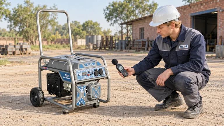 Engineer measuring noise from an MLBE wheeled petrol generator during an outdoor dealer demonstration.