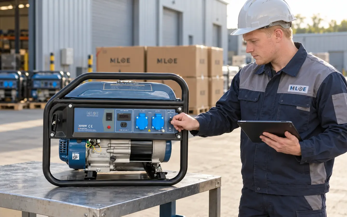 Engineer checking an MLBE 3000W petrol generator during a wholesale batch inspection.