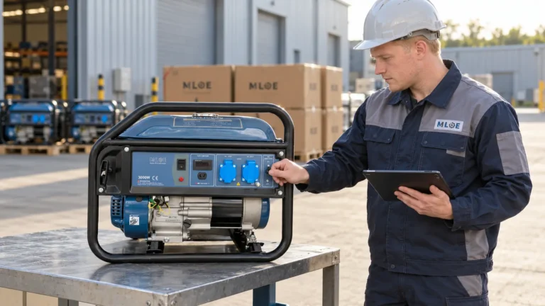 Engineer checking an MLBE 3000W petrol generator during a wholesale batch inspection.